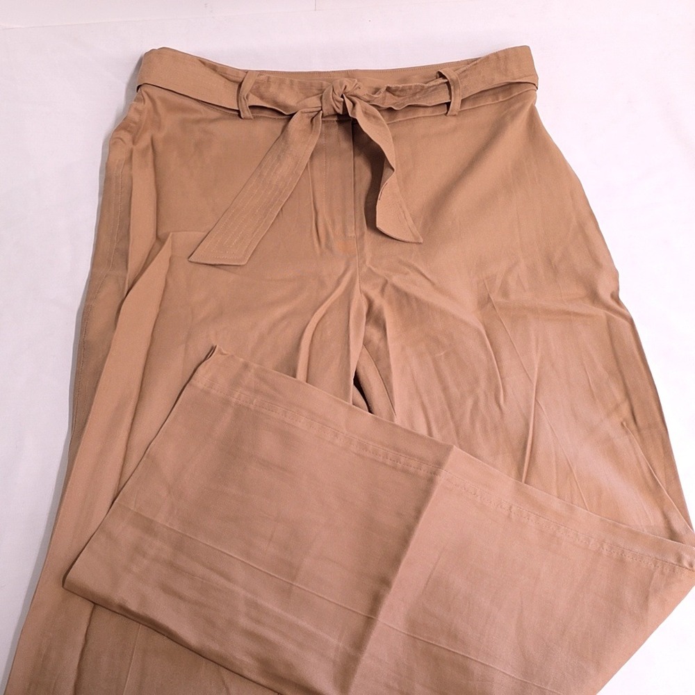 Ann Taylor Trousers Womens 10P Tan Tie Waist Straight Leg Cotton Blend Pants